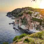 An aerial photo of the coastline at Catalonia at sunset.