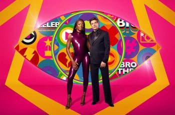 AJ Odudu?and?Will Best standing before the 2024 Celebrity Big Brother logo.